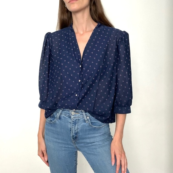 Vintage Blue Pearl Button Puff Sleeve Blouse - Picture 4 of 6